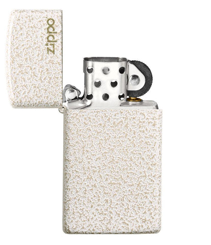 Slim Mercury Glass Zippo Logo Windproof Lighter with its lid open and unlit