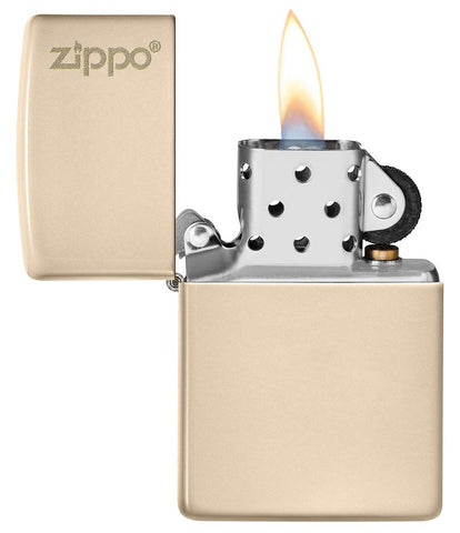 Front view of the Classic Flat Sand Zippo Logo pocket lighter open and lit