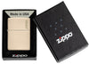 Front view of the Classic Flat Sand Zippo Logo pocket lighter closed in the one box packaging