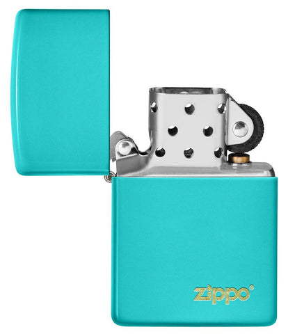 Classic Flat Turquoise Zippo Logo Windproof Lighter with its lid open and unlit