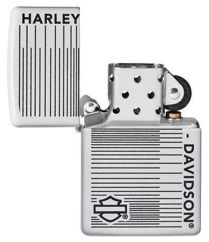 Harley-Davidson® White Matte Lines Design Windproof Lighter with its lid open and unlit