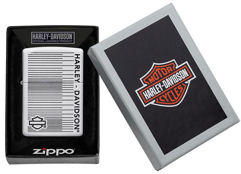 Harley-Davidson® White Matte Lines Design Windproof Lighter in its packaging