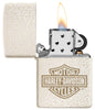 Harley-Davidson® Bar and Shield Logo Mercury Glass Windproof Lighter with its lid open and lit