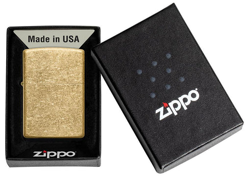 Classic Tumbled Brass Windproof Lighter in its packaging