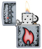 Zippo Flame Design Street Chrome™ Windproof Lighter with its lid open and lit
