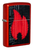 Front of Zippo Flame Logo Design Metallic Red Windproof Lighter standing at a 3/4 angle