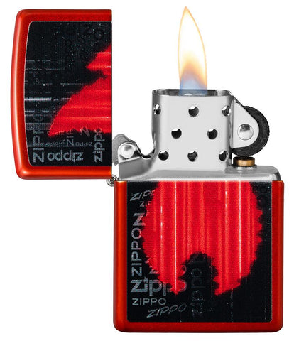 Zippo Flame Logo Design Metallic Red Windproof Lighter with its lid open and lit