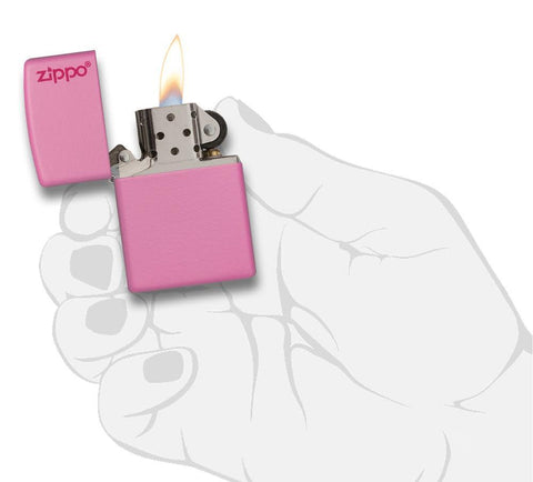 Front view Pink Matte Lighter with Zippo Logo Lighter in hand open and lit 