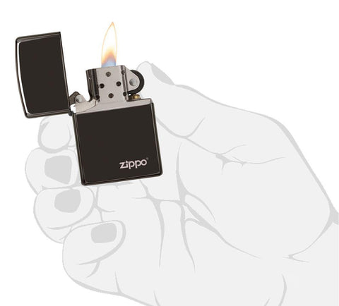 Classic High Polish Black Zippo Logo Windproof Lighter lit in hand