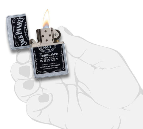 Front view of the Jack Daniel's Tennessee Whiskey Street Chrome Design in hand, open and lit 