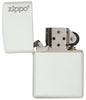 Classic White Matte Zippo Logo Windproof Lighter with its lid open and unlit.