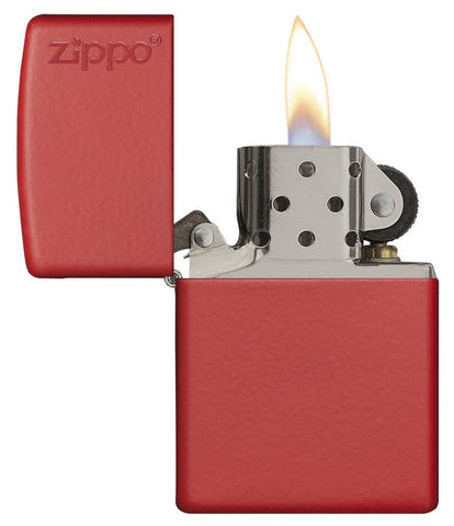 Classic Red Matte Zippo Logo Windproof Lighter with its lid open and lit.