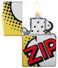 Zippo Pop Art Design 540 Color Windproof Lighter with its lid open and lit