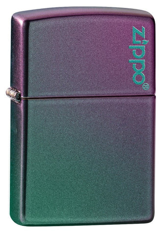 Iridescent Zippo Logo windproof lighter facing forward at a 3/4 angle