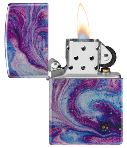 Zippo Universe Astro Design 540 Fusion Windproof Lighter with its lid open and lit.