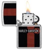 Zippo Harley-Davidson Logo Design Street Chrome Windproof Lighter with its lid open and lit.