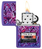 Zippo Cassette Tape Design Purple Matte Windproof Lighter with its lid open and lit.