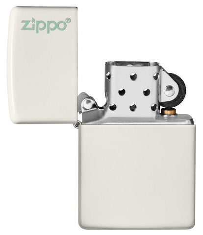 Classic Glow In The Dark Zippo Logo Windproof Lighter with its lid open and unlit