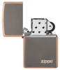Classic Rustic Bronze Zippo Logo Windproof Lighter with its lid open and unlit.