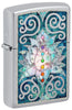 Front shot of Zippo Fusion Lotus Flower Design High Polish Chrome Windproof Lighter standing at a 3/4 angle.