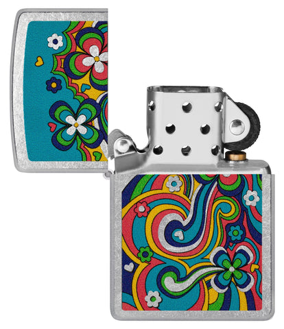 Zippo Flower Power Design Street Chrome Pocklet Lighter with its lid open and unlit.