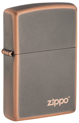 Front shot of Classic Rustic Bronze Zippo Logo Windproof Lighter standing at a 3/4 angle.
