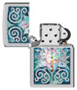 Zippo Fusion Lotus Flower Design High Polish Chrome Windproof Lighter with its lid open and unlit.