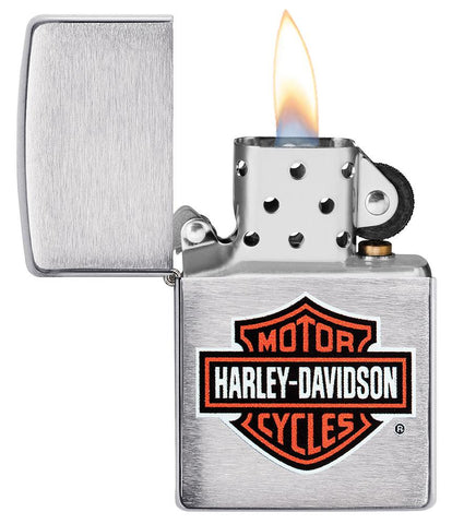 Harley-Davidson Logo Brushed Chrome Windproof Lighter with its lid open and lit