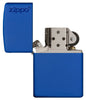 Classic Royal Blue Matte with Zippo Logo with its lid open and unlit.