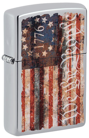 Front shot of Americana Design High Polish Chrome Windproof Lighter standing at a 3/4 angle.