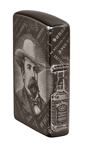 Jack Daniel's® Photo Image 360® Black Ice® Windproof Lighter standing at an angle, showing the back and hinge side of the design.