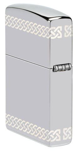 Angled shot of Zippo Laser 360° Clover Design High Polish Chrome Pocket Lighter showing the back and hinge side of the lighter.