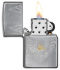 Harley-Davidson® Eagles Logo Chrome Arch Windproof Lighter with its lid open and lit