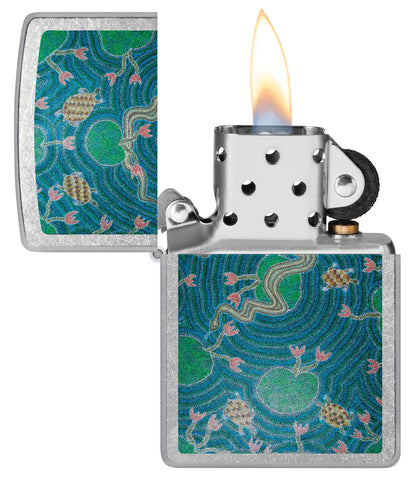 Zippo John Smith Gumbula Snake & Turple Design Street Chrome Windproof Lighter with its lid open and lit.