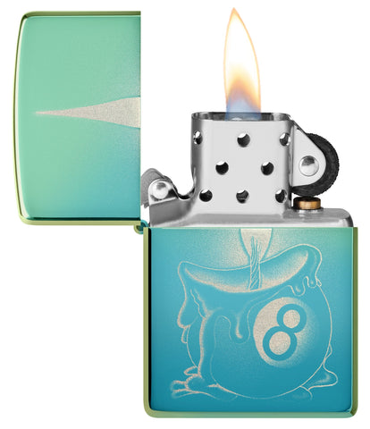 Zippo Eight Ball Tattoo Design High Polish Teal Windproof Lighter with its lid open and lit.