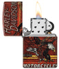 Zippo Harley-Davidson Eagle 540 Color Windproof Lighter with its lid open and lit.