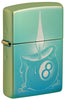 Front shot of Zippo Eight Ball Tattoo Design High Polish Teal Windproof Lighter standing at a 3/4 angle.