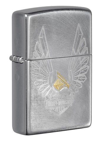 Front of Harley-Davidson® Eagles Logo Chrome Arch Windproof Lighter standing at a 3/4 angle