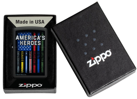 Zippo Buckwear America's Heroes Design Black Matte Windproof Lighter in its packaging.
