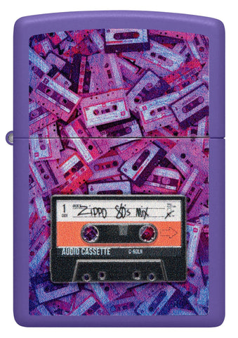 Front view of Zippo Cassette Tape Design Purple Matte Windproof Lighter.