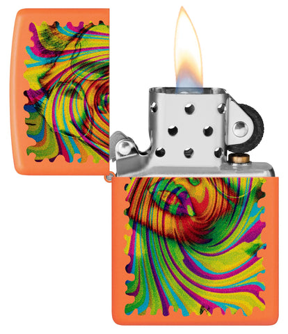 Zippo Sunglass Woman Design Orange Matte Windproof Lighter with its lid open and lit.