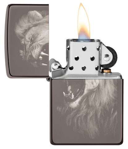 Lion Design Black Ice® Photo Image Windproof Lighter with its lid open and lit