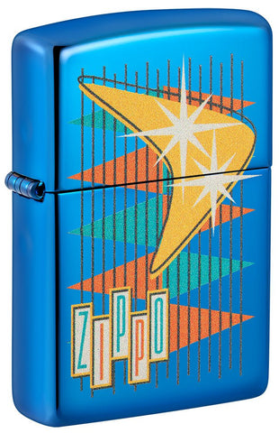Front shot of Retro Zippo Design High Polish Blue Windproof Lighter standing at a 3/4 angle.