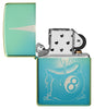 Zippo Eight Ball Tattoo Design High Polish Teal Windproof Lighter with its lid open and unlit.