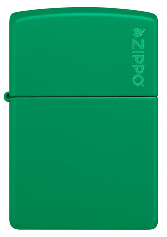 Front view of Zippo Grass Green Matte Zippo Logo Classic Windproof Lighter.
