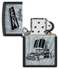 Zippo Car Design Black Matte Windproof Lighter with its lid open and unlit.