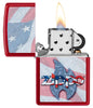 Zippo Flag Design Candy Apple Red Windproof Lighter with its lid open and lit.