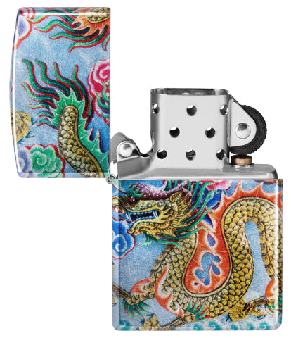 Zippo Dragon Design 540 Fusion Windproof Lighter with its lid open an unlit.