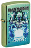Front shot of Iron Maiden Eddie Design High Polish Teal Windproof Lighter standing at a 3/4 angle.