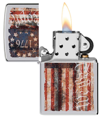 Americana Design High Polish Chrome Windproof Lighter with its lid open and lit.